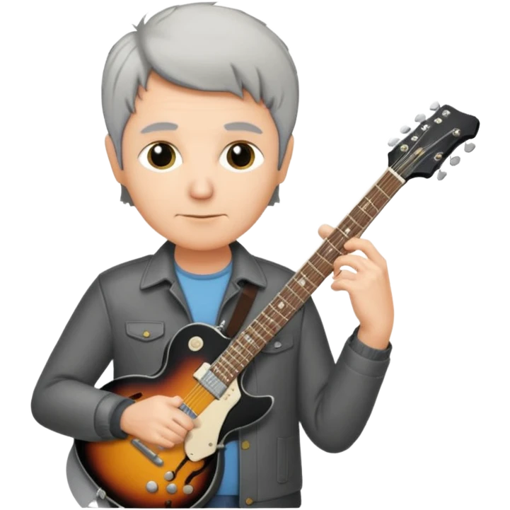 a short grey hair, middle age metal head with a classic epiphone eletric guitar emoji