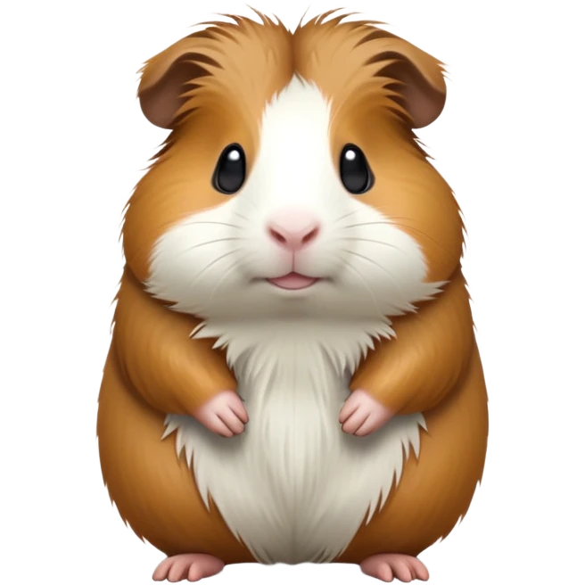 cinematic-[guinea pig]-realistic-full- long elongated body-standing-emoji,-tiny-paws-tucked-close,-head-tilted-dramatically,-fluffy-[brown and white]-fur,-simplified-yet-realistic-focused-features,-highly-detailed,-glowing-with-an-almost-sarcastic-glow emoji