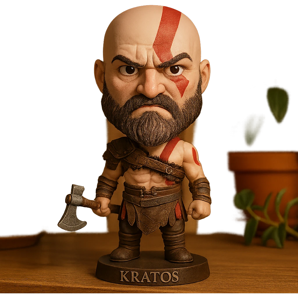 Kratos as a bobblehead with a wobbly head and angry expression emoji