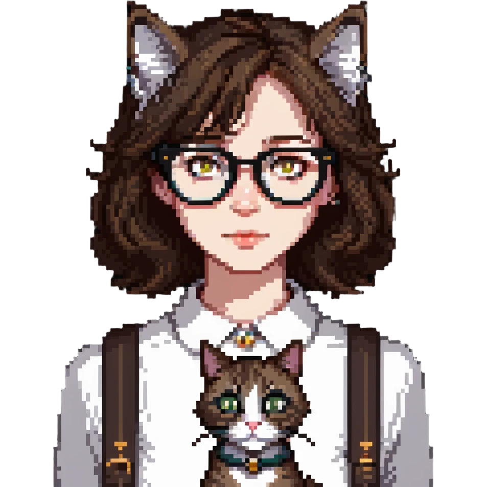 Cat-lady with dark brown hair, square glasses, hazel eyes, and pale skin emoji