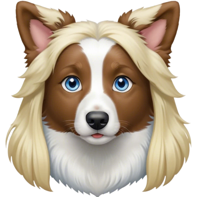 pale girl with blue eyes and long blonde hair and black white Australian shepherd with perked up ears emoji