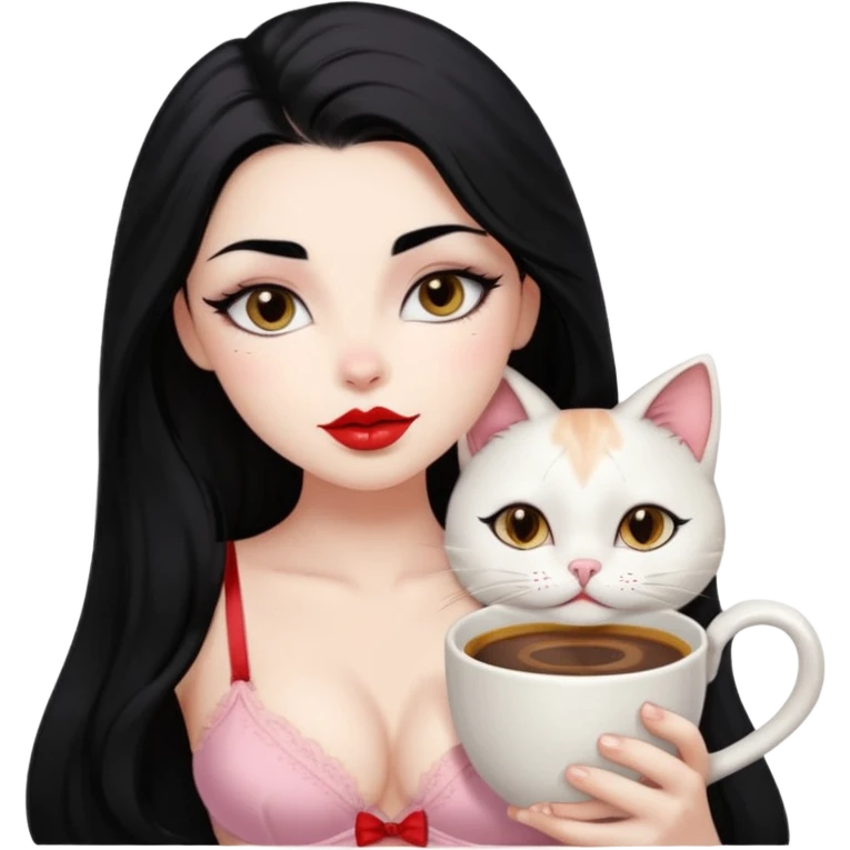 Beautiful Girl Long Hair black, Brows Big , Skin White, bra Pale Pink , Big Red Lips, EyesCoffe , kiss Little baby Persa Cream Cat With Cute Eyes emoji