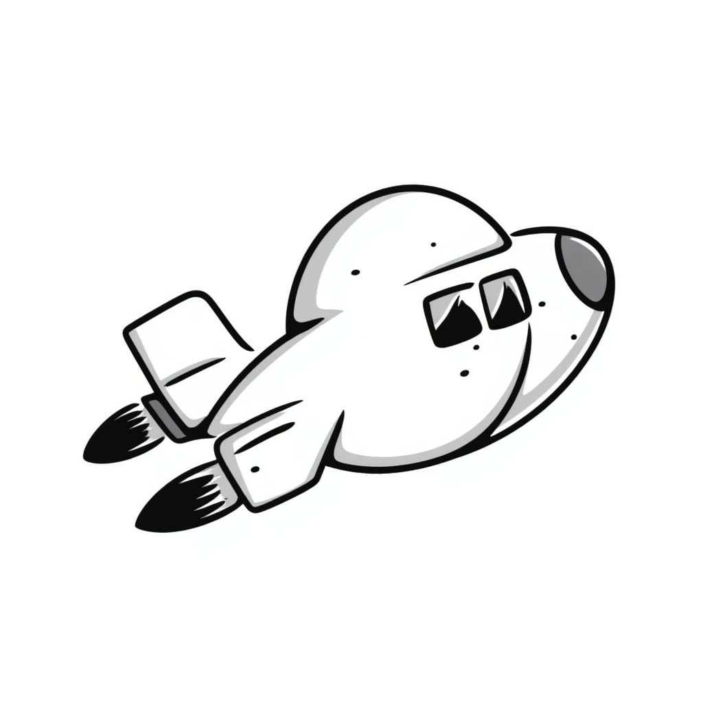 Hand-drawn spaceship with an oversized round middle section like a pregnant belly, small wings, and rocket engines emoji