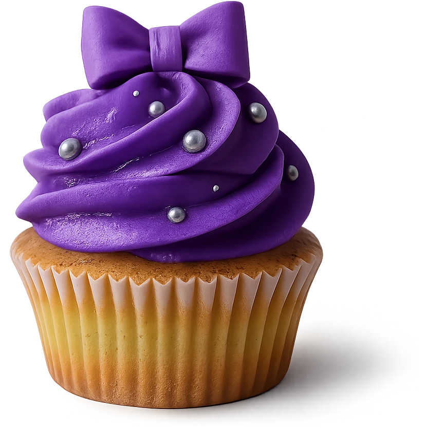 Change the icing to ube flavor with vivid purple, creamy and glossy texture, keep the realistic cupcake and accessories, photorealistic style, transparent background. emoji