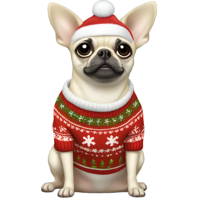 White, chihuahua-pug wearing a Christmas sweater emoji