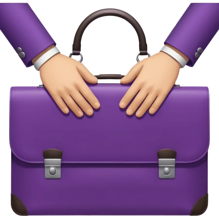 Minimal two-tone purple icon: two hands exchanging a briefcase. Geometric, transparent background. emoji