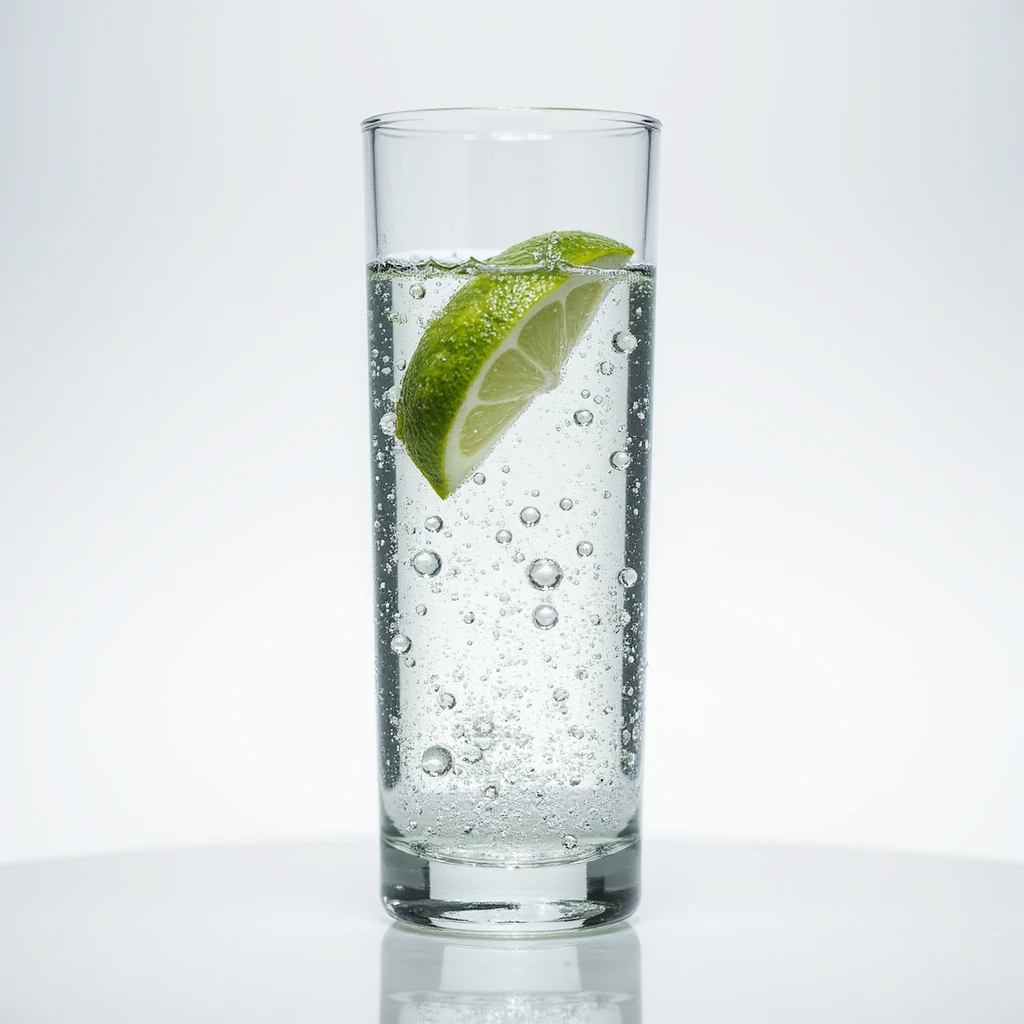 realistic glass of sparkling water with bubbles and lime wedge emoji