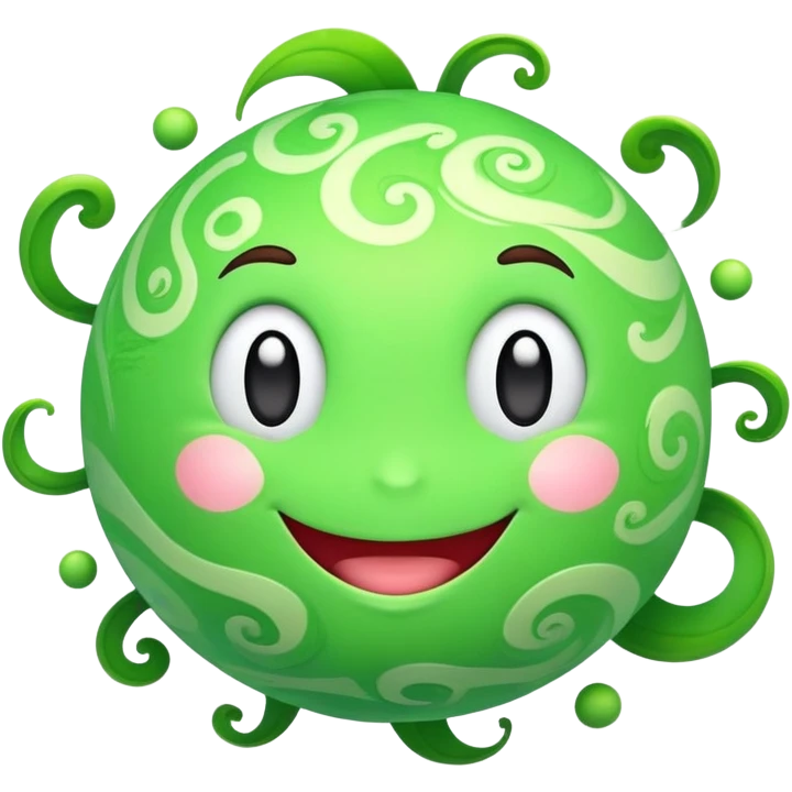 bright green planet with swirls and a cute happy smiling face with rosy cheeks emoji