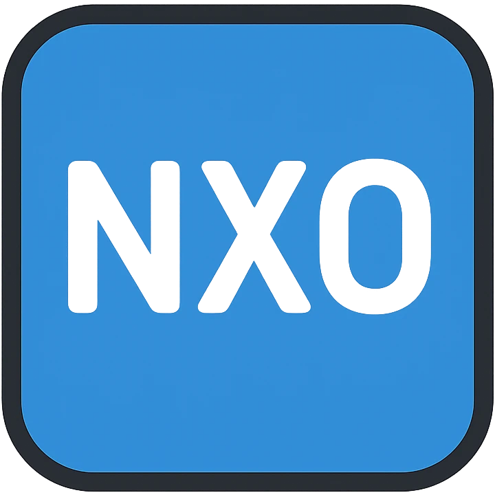 NxO in the center, bold white letters on a blue background, modern icon style emoji