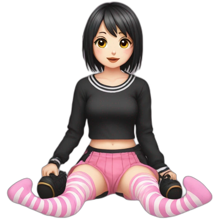 full body Front view emo girl sits on the floor black skirt pink knickers striped stockings emoji