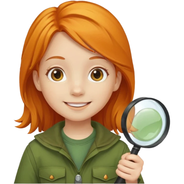 braid orange haired girl kid in moss green explorer outfit, holding magnifying glass, smile emoji