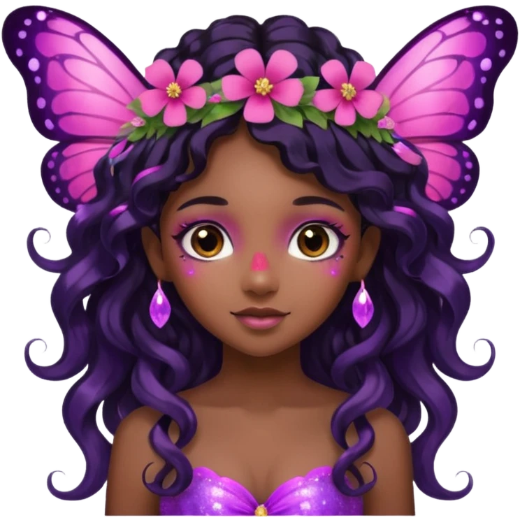 Black girl fairy with long wavy black hair, pink and purplered butterfly wings sparkly emoji