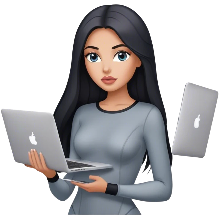 Glamours, tanned, very beautiful girl, with big pump peach-beige-rose lips, black straight smooth silky long hair, straight parting, blue-grey eyes, in grey bodysuit holding MacBook emoji