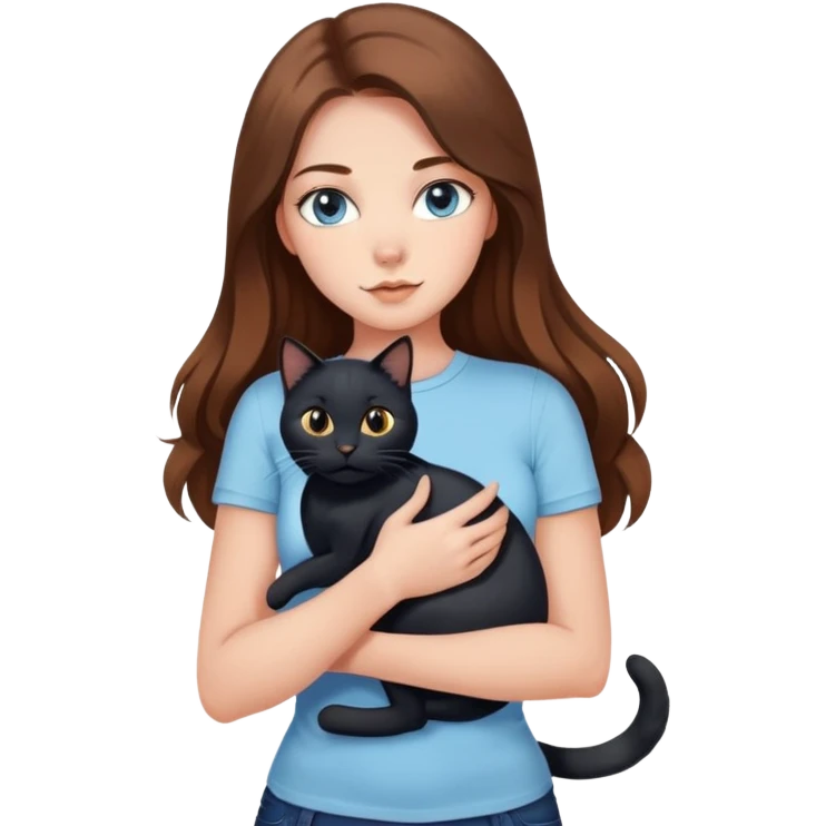 A sexy girl with long hair wearing a light blue tight short-sleeved shirt holding a black cat emoji