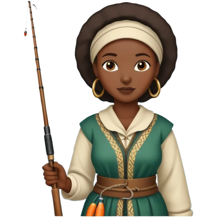 African woman fishing in the river, traditional clothing, holding fishing rod emoji