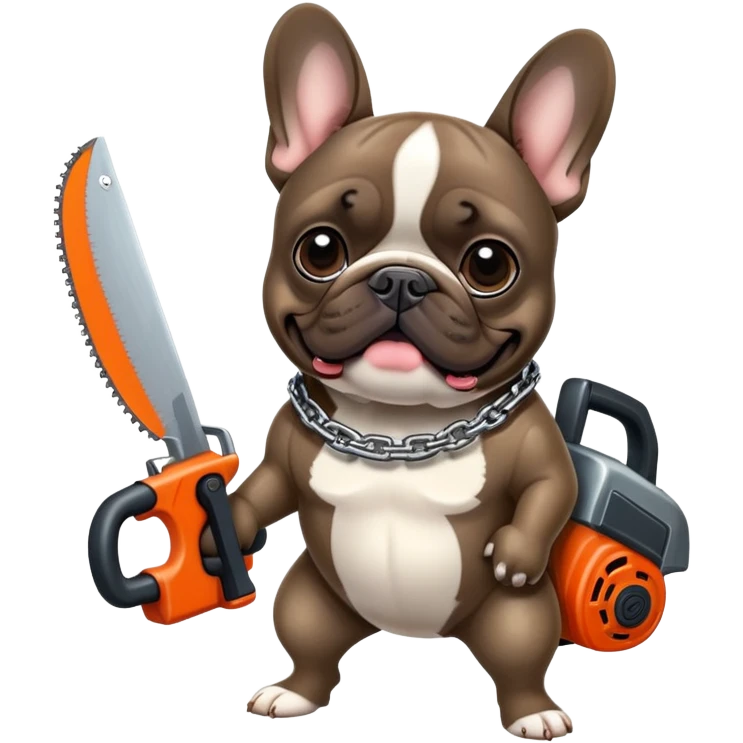Brindle French bulldog holding a chain saw  emoji
