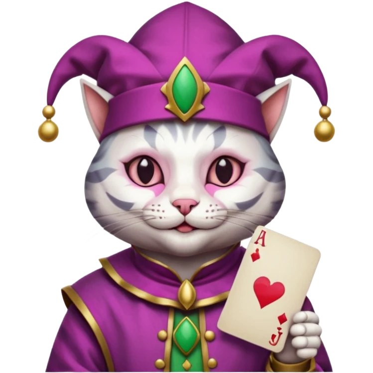 court jester cat medieval, single poker card joker clearly visible, pink, face only, round badge,  court jester cap emoji