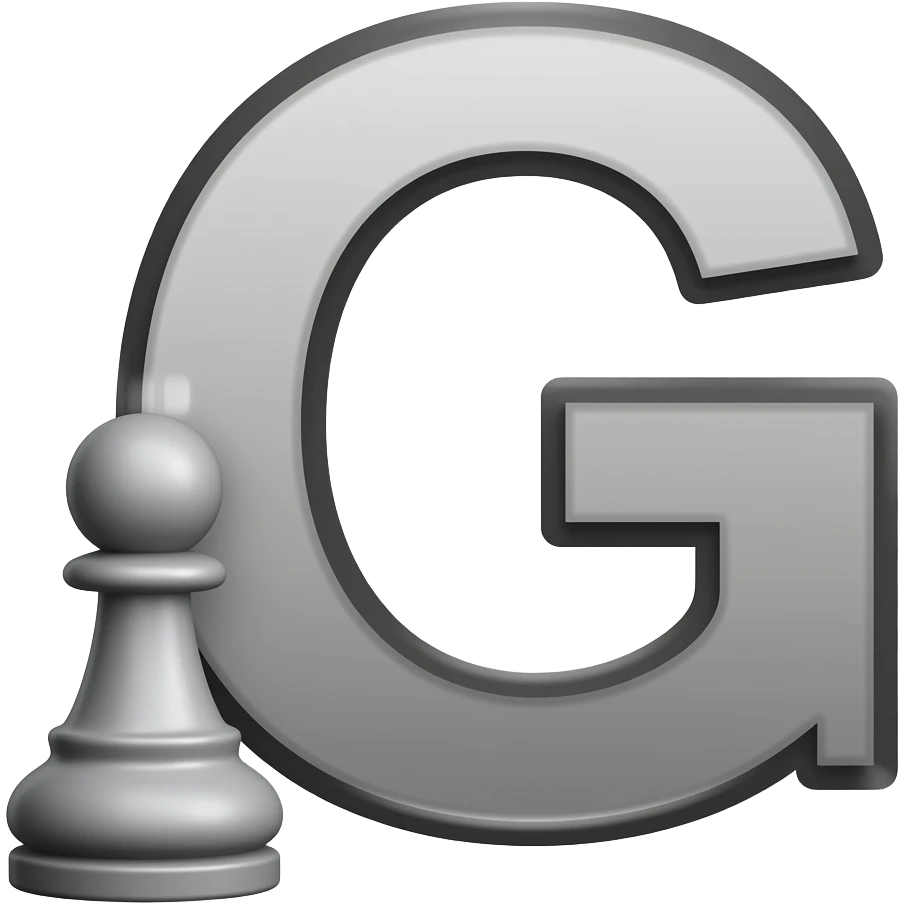 GIF 128x128 Discord, fundo transparente. ♟️ pequeno à esquerda de “G” maior. Preto e branco, minimalista, alto contraste. Centralizado. Animação leve de piscar (fade), efeito respirando emoji