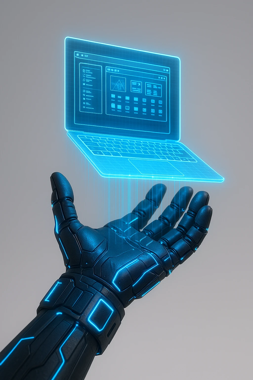 a high tech glove projecting a hologram of a computer, futuristic, glowing details, clean background emoji