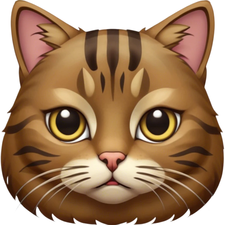 Cinematic Grumpy Brown Tabby Cat Portrait Emoji, Head tilted slightly with a deeply unimpressed expression, thick brown fur with dark, pronounced tabby stripes and a furrowed brow, large eyes narrowed into an unamused glare, whiskers slightly drooping in exasperation, Simplified yet comically expressive features, highly detailed, glowing with a dry, sarcastic glow, high shine, effortlessly judgmental yet dignified, stylized with a touch of cynicism, bright but brooding, soft glowing outline, capturing the essence of an eternally unimpressed yet endearing feline, so lifelike it feels like it could sigh heavily at you in disdain at any moment! emoji