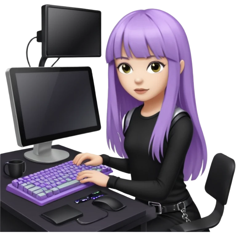 lilac girl with long hair and bangs worker and acessories with a pc worten the clothes black like an alternative emoji