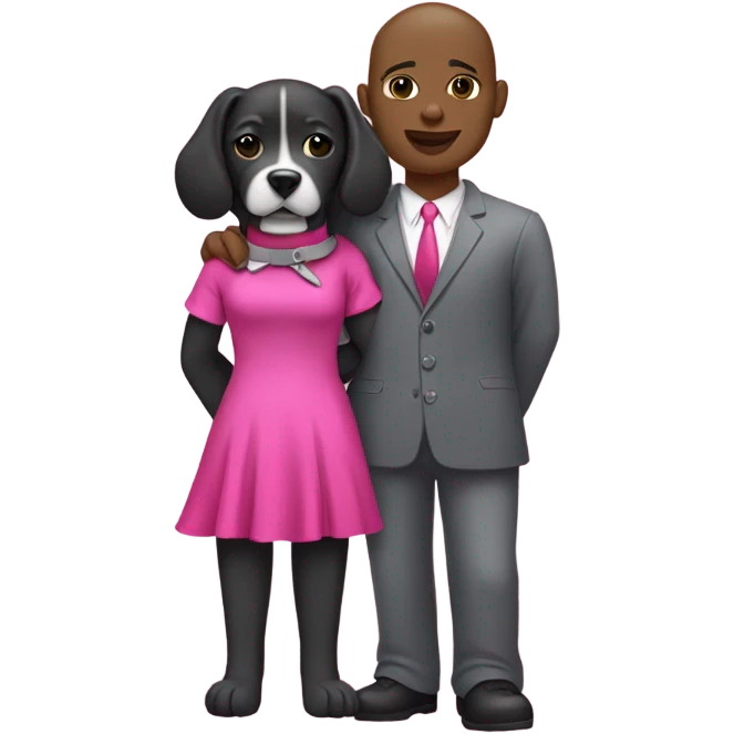 Black lady with black hair wearing hot pink dress hugging all grey pitbull with pink collar emoji