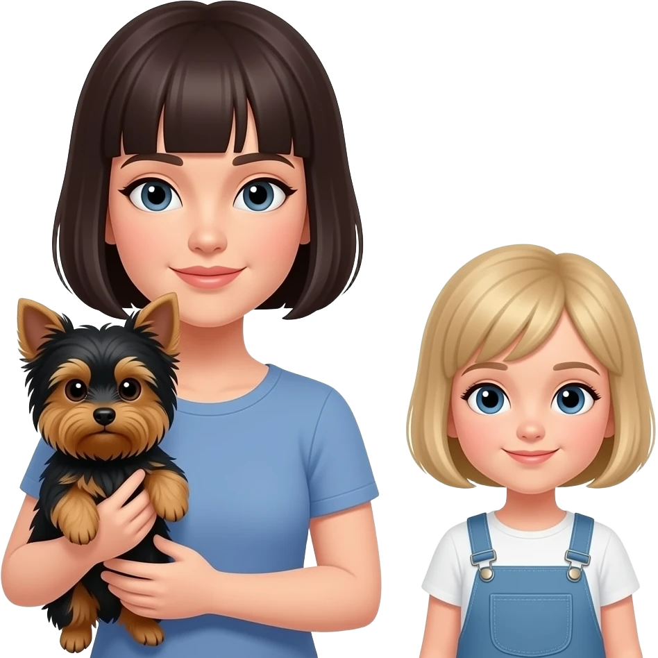 woman with bob haircut with little Yorkshire full black without any brown brown and long hair in the eye and little blond girl with pixie cut emoji