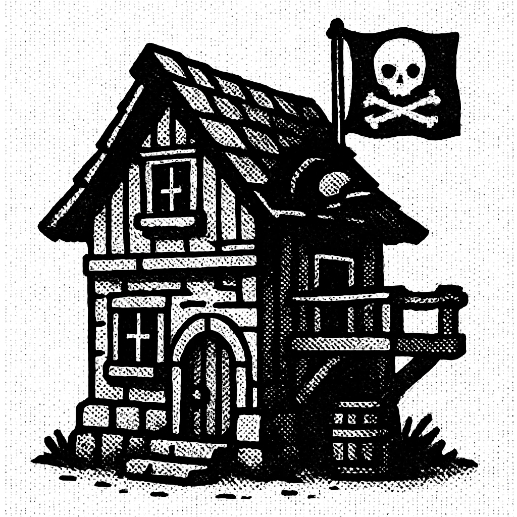 old pirate's house with skull flag emoji