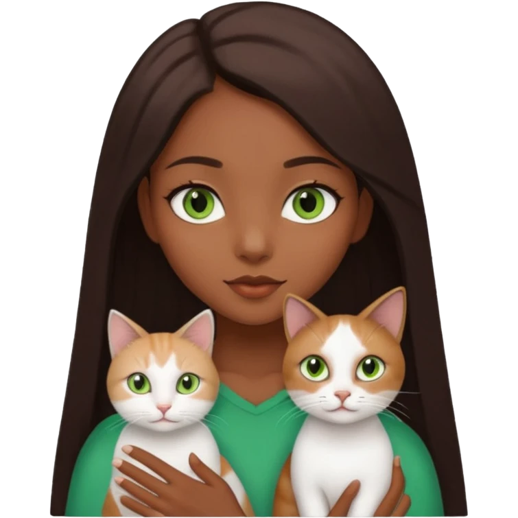 black girl with brown eyes with straight long dark brown hair with a side part holding a female white cat with green eyes emoji