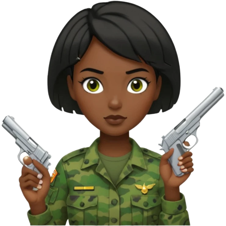 Dark skin Woman marine in green cammies with one handgun short black hair emoji