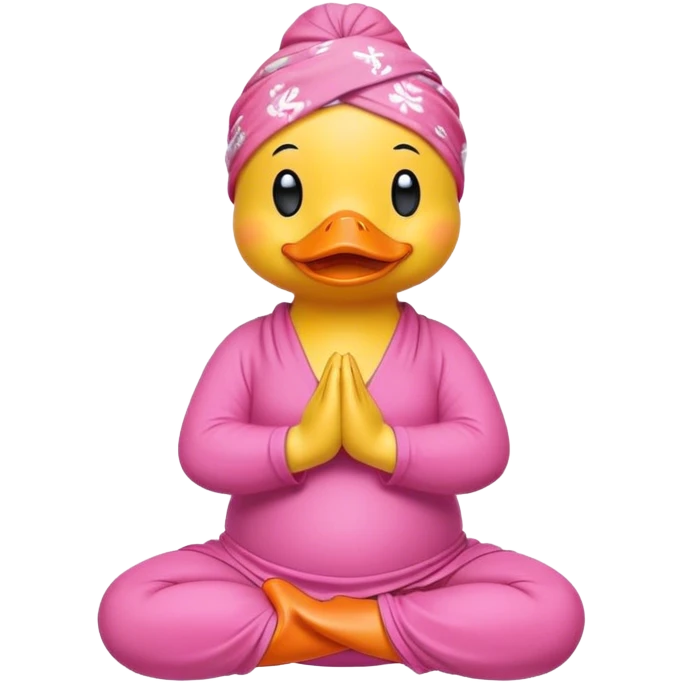 side view of yellow rubber duck with a pink bandana doing yoga while praying emoji