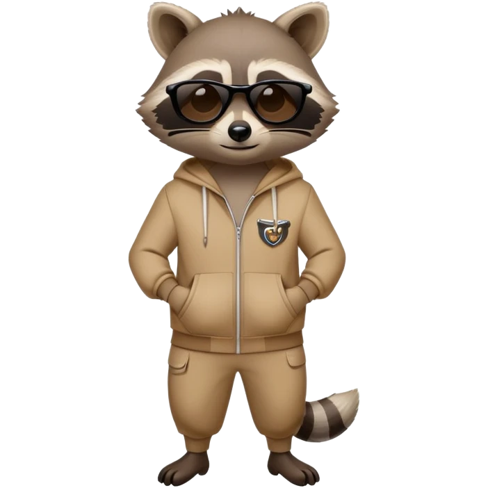 friendly anthropomorphised raccoon in a Sopranos-style mafia tracksuit, wearing dark sunglasses, confident pose emoji
