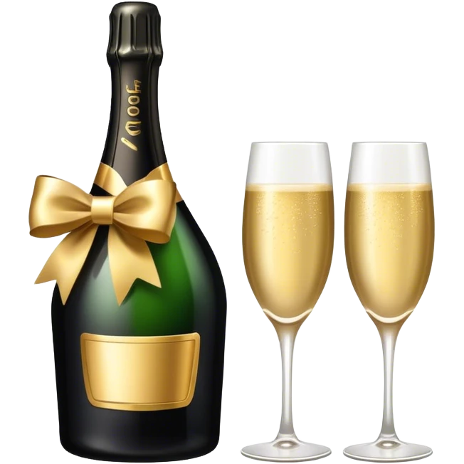 Black Champagne bottle with gold bow, plus two glasses  emoji