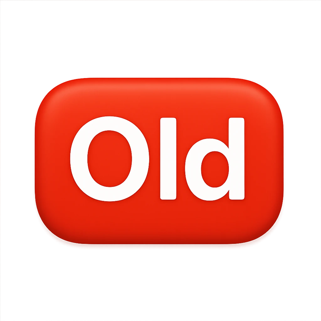 button with the word 'Old' in the style of the iOS emoji 'NEW' button, emoji style, red rounded rectangle background, white text emoji