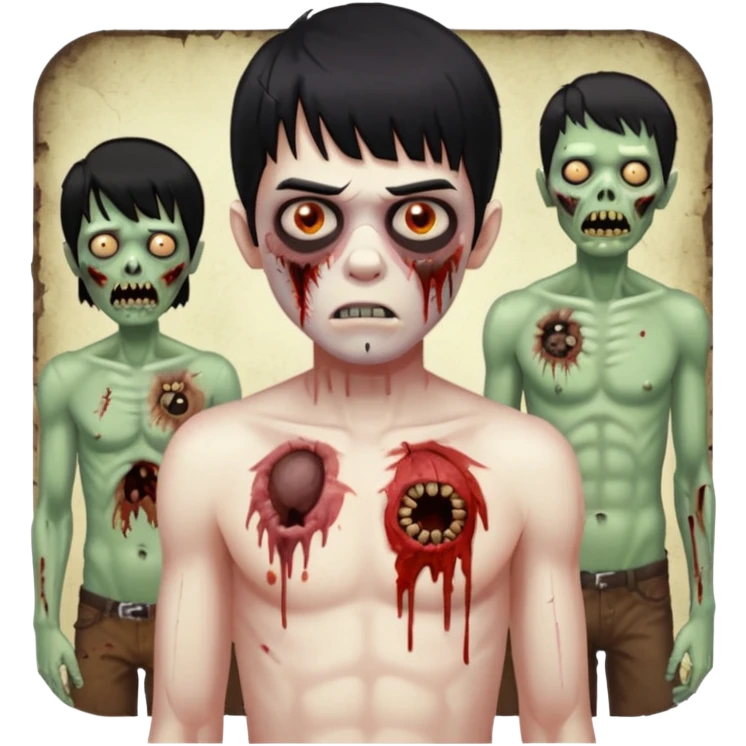 Menino de cabelo liso preto com franja zumbi sem camisa emoji