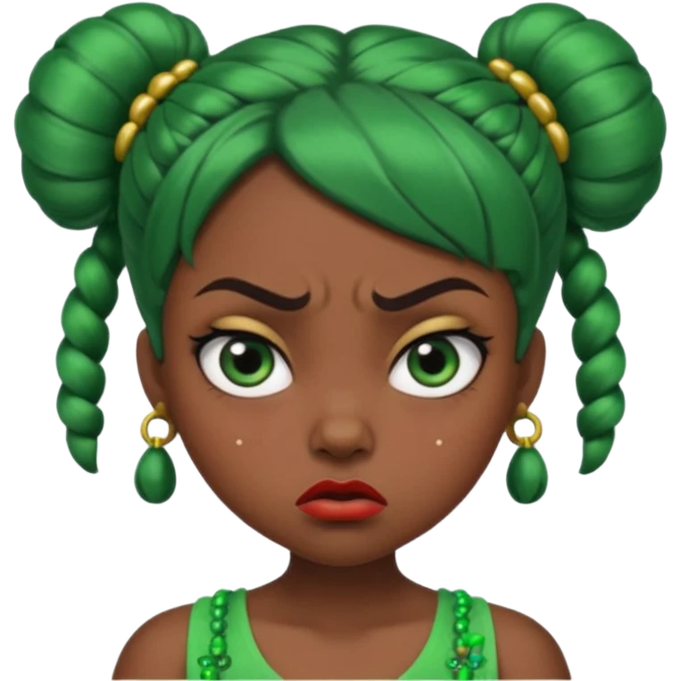 Create a 3D cartoon-style girl character with dark skin, round face, angry expression, big wide eyes, and tightly styled double buns made of green beaded hair. The girl should look irritated, eyebrows sharply angled, and lips pressed in a frown. emoji