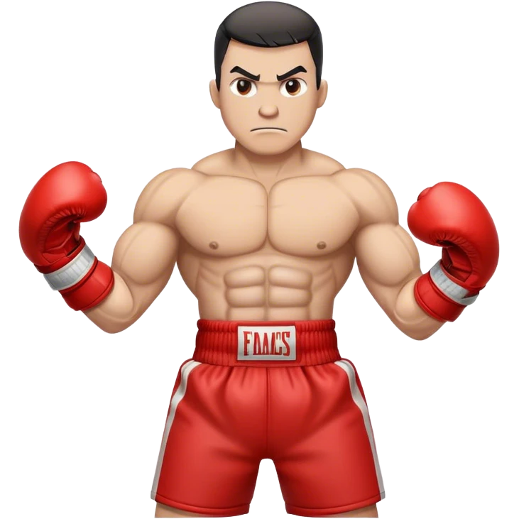 A locomotive train with human-like muscular arms, wearing red boxing gloves, standing in a fighting stance, determined expression, cartoon-style. emoji
