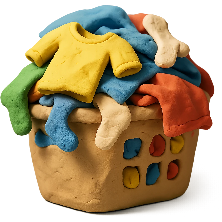 overflowing laundry basket, mix of socks and t-shirts, playful look, claymation style emoji