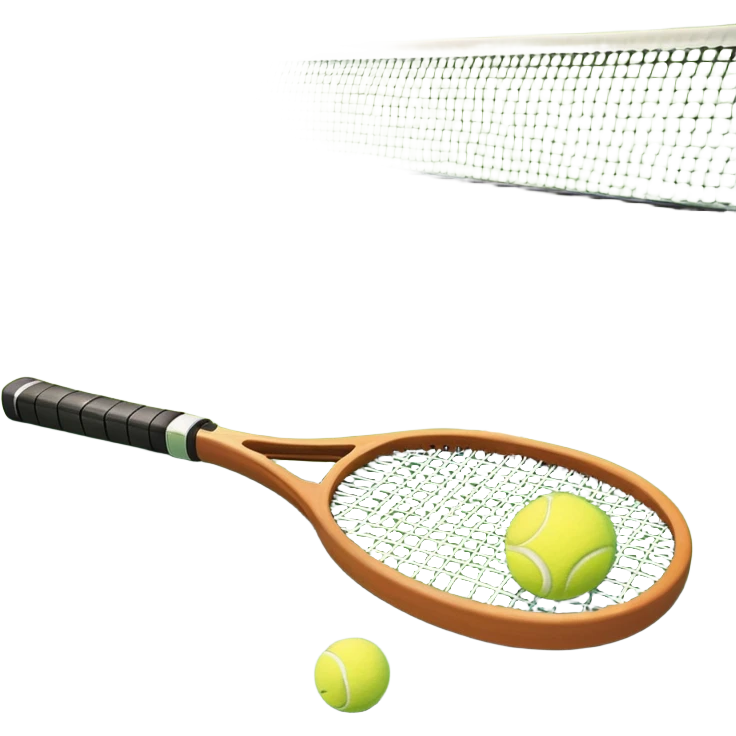 A tennis racket resting on the green grass of a tennis court, with a tennis ball placed nearby and the net stretching across the court. The background captures the fresh, open atmosphere of a traditional grass court, emphasizing the elegance and precision of the sport. emoji
