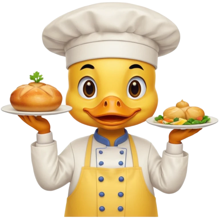 A duck in chef hat presenting a plate of fancy cuisine proudly wearing yellow apron emoji