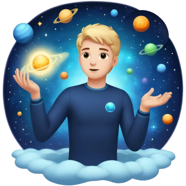 A young man floats in space, touching a particle that glows and expands, shaping the universe around him. Each touch creates new light, symbolizing how his choices build his own reality. emoji