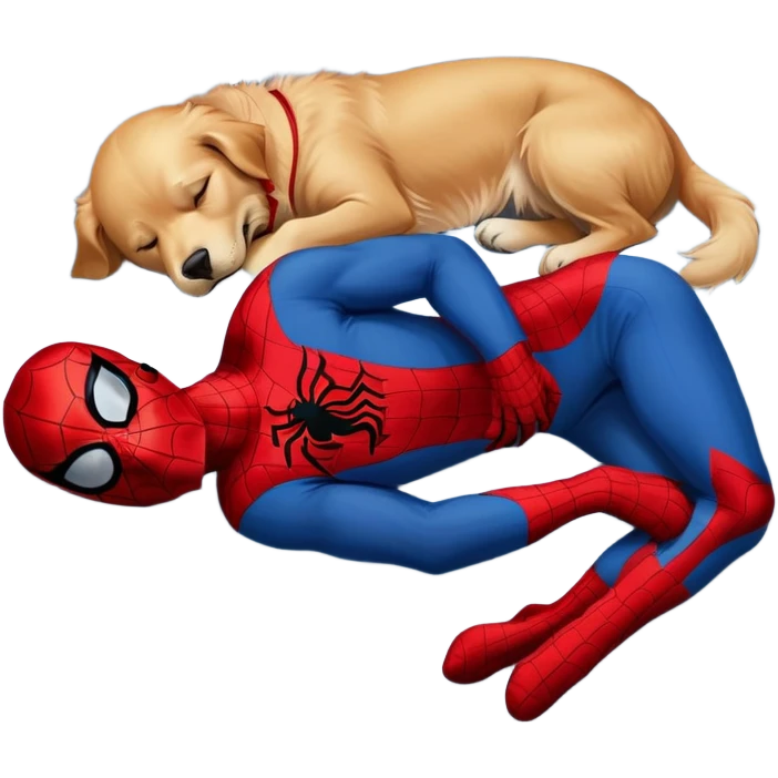 Golden Retriever sleeping on top of Spider-Man emoji