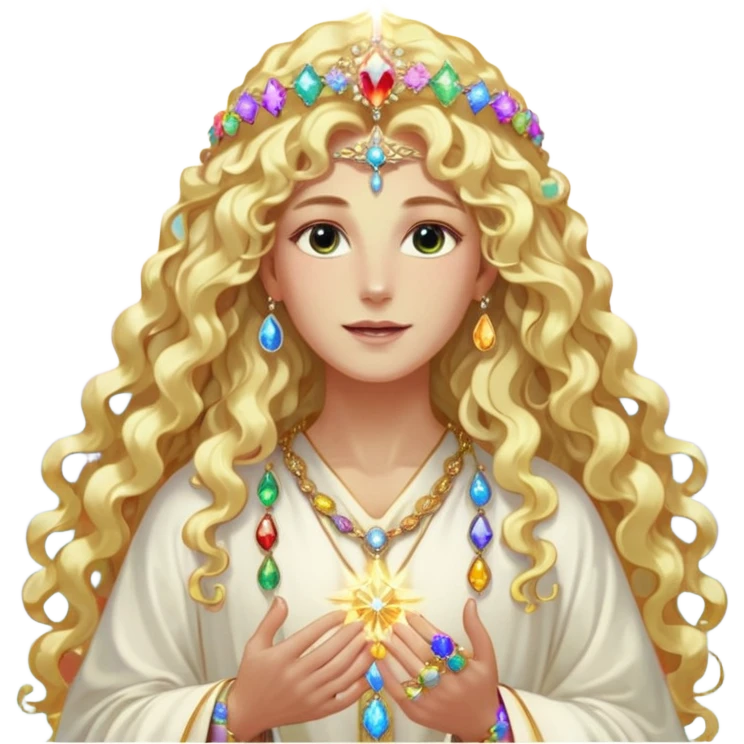 a being made of light pleidian nordic long faces and curly huge thick blond hair but beautiful features of light wearing jewels and a rainbow halo like a saint arount her a robe on made of light and gem  transparent belly dancer and who is lanky holding a bouquet of crystal flowers on rainbow fire emoji