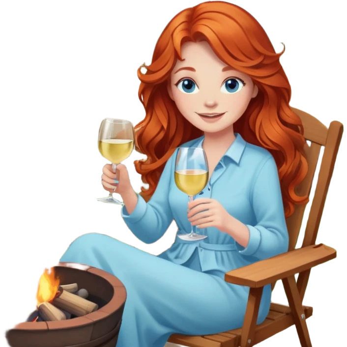 Happy redhead with long hair and blue eyes holding white wine sitting in chair beside fire pit in backyard emoji