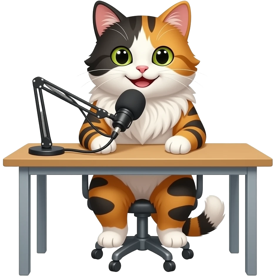 smiling extremely long-haired calico cat podcaster at desk emoji
