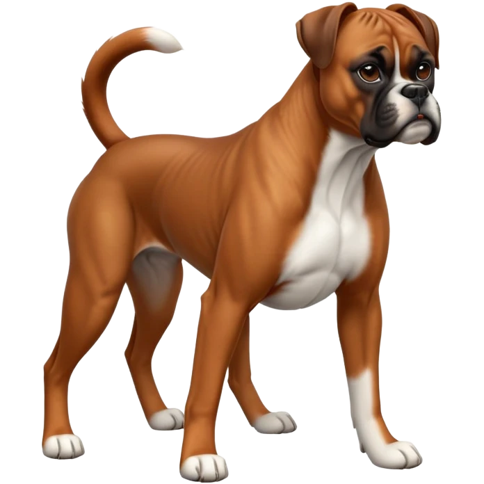 cinematic-[boxer dog]-realistic-full-body-sitting-emoji,-tail-resting-loosely-beside-its-paws,-head-tilted-dramatically,-sleek-[brown]-fur,-simplified-yet-realistic-focused-features,-highly-detailed,-glowing-with-an-almost-sarcastic-glow emoji