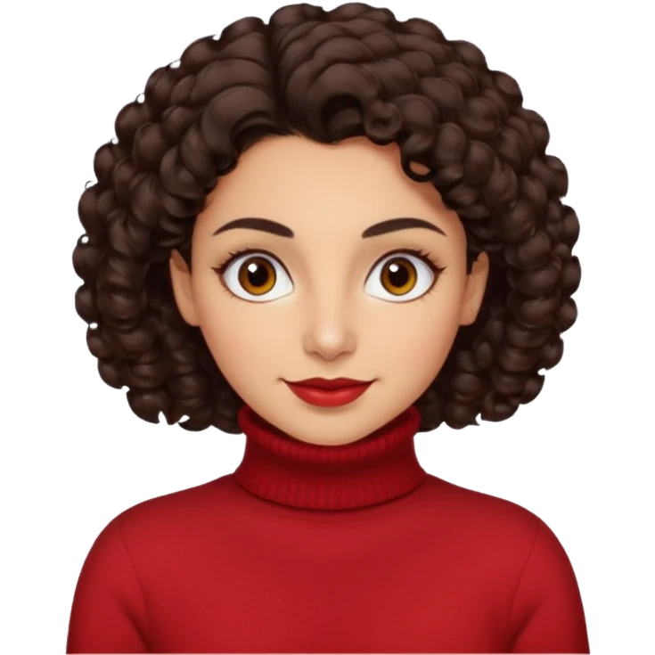 30 yr iranian woman dark brown hair curly wavy short hair, red turtle neck sweater, very thick eyebrows, light skin, dark brown eyes, small smile emoji