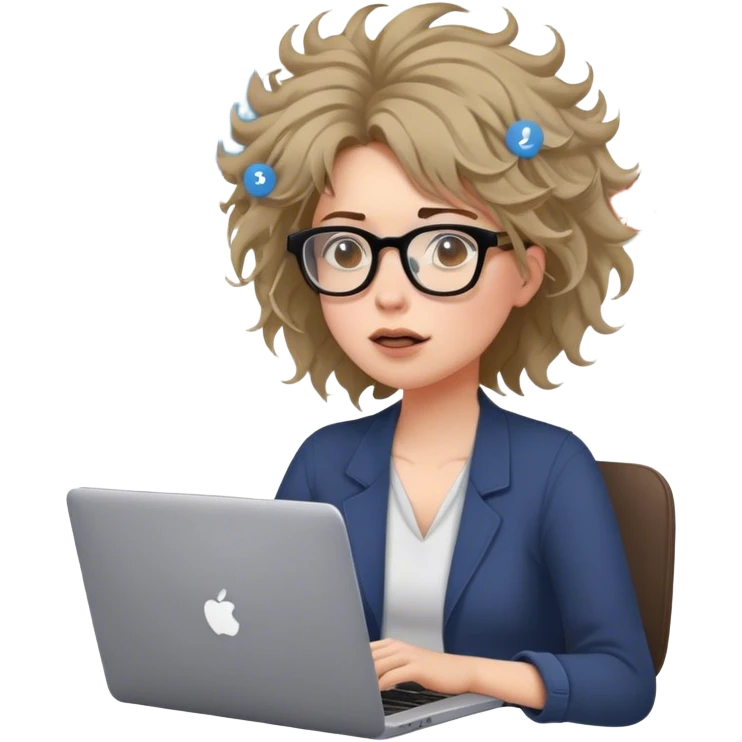 A woman in glasses, a laptop on her lap, chaotic notes flying around, messy hair, three thought bubbles above her head. emoji
