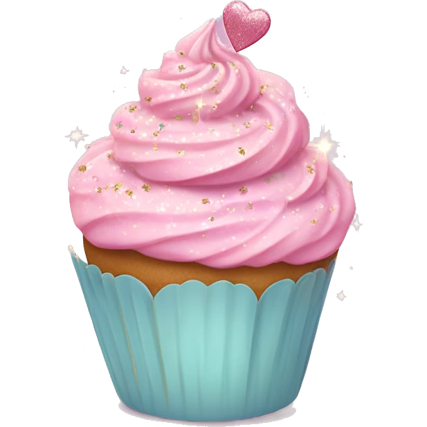 Cupcake Emoji "A pastel pink cupcake with swirled frosting, topped with tiny glittery hearts and a magical sparkle hovering above." emoji