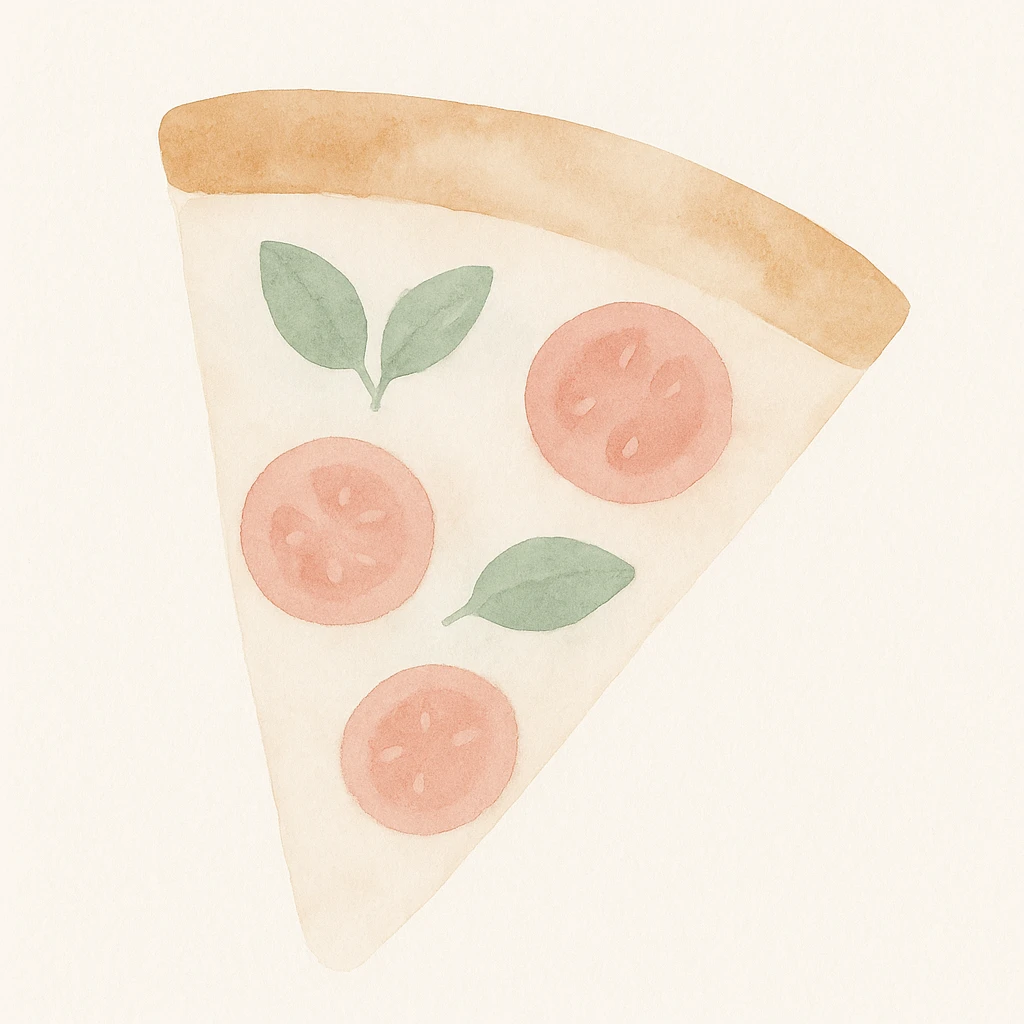 Pizza slice in watercolor style with white, green, and pink pastel tones emoji